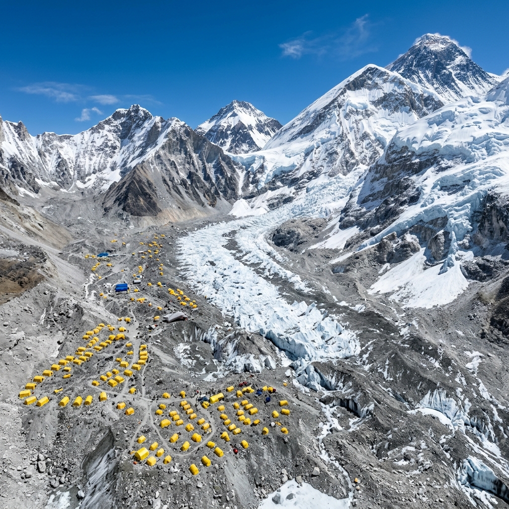 Everest Base Camp aerial view from helicopter — Khumbu Glacier tents