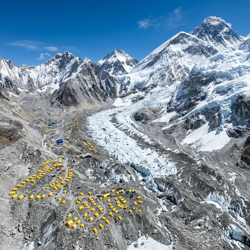 Everest Base Camp aerial view from helicopter — Khumbu Glacier tents